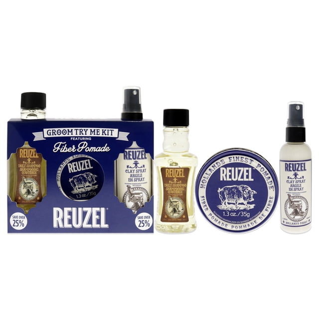 Kit Fiber Try Me de Reuzel para Hombre: 3 piezas de pomada de fibra de 1.3 oz, spray de arcilla de 3.38 oz, champú diario de 3.38