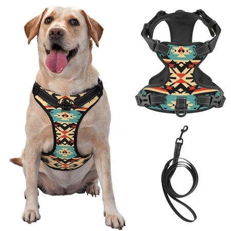 TEQUAN Large Dog Harness with Leash Bohemian Ethnic Style Arrows Prints Reflective No Pull Adjustable Pet Vest (L)