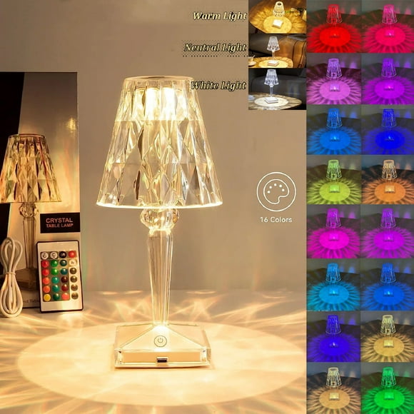 Crystal Diamond Table Lamp 16 Color Changing RGB Touch & Remote Control USB Rechargeable LED Romantic Artificial Crystal Night Light Bedside Lamp for Bedroom Living Room Party Dinner Decor