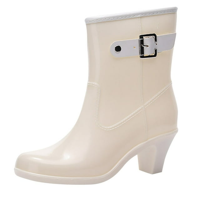 Punk Style Mid Snow Boots Womens Non-Slip Rain Boots High Heel Water Shoes