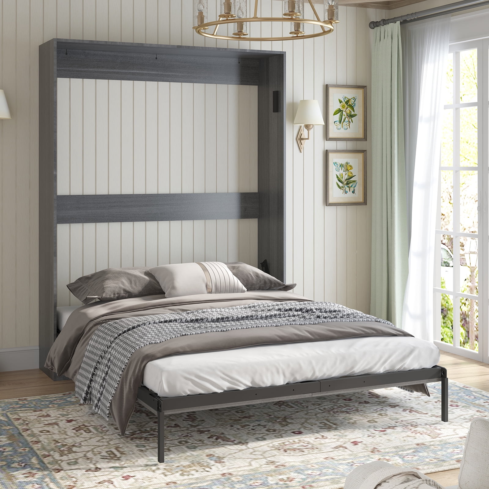 MUZZ Queen Murphy Bed with Upright Wardrobe, Space Saving Folding Murphy Wall Bed Cabinet for Bedroom /Apartment (Dark Grey/Style 11)