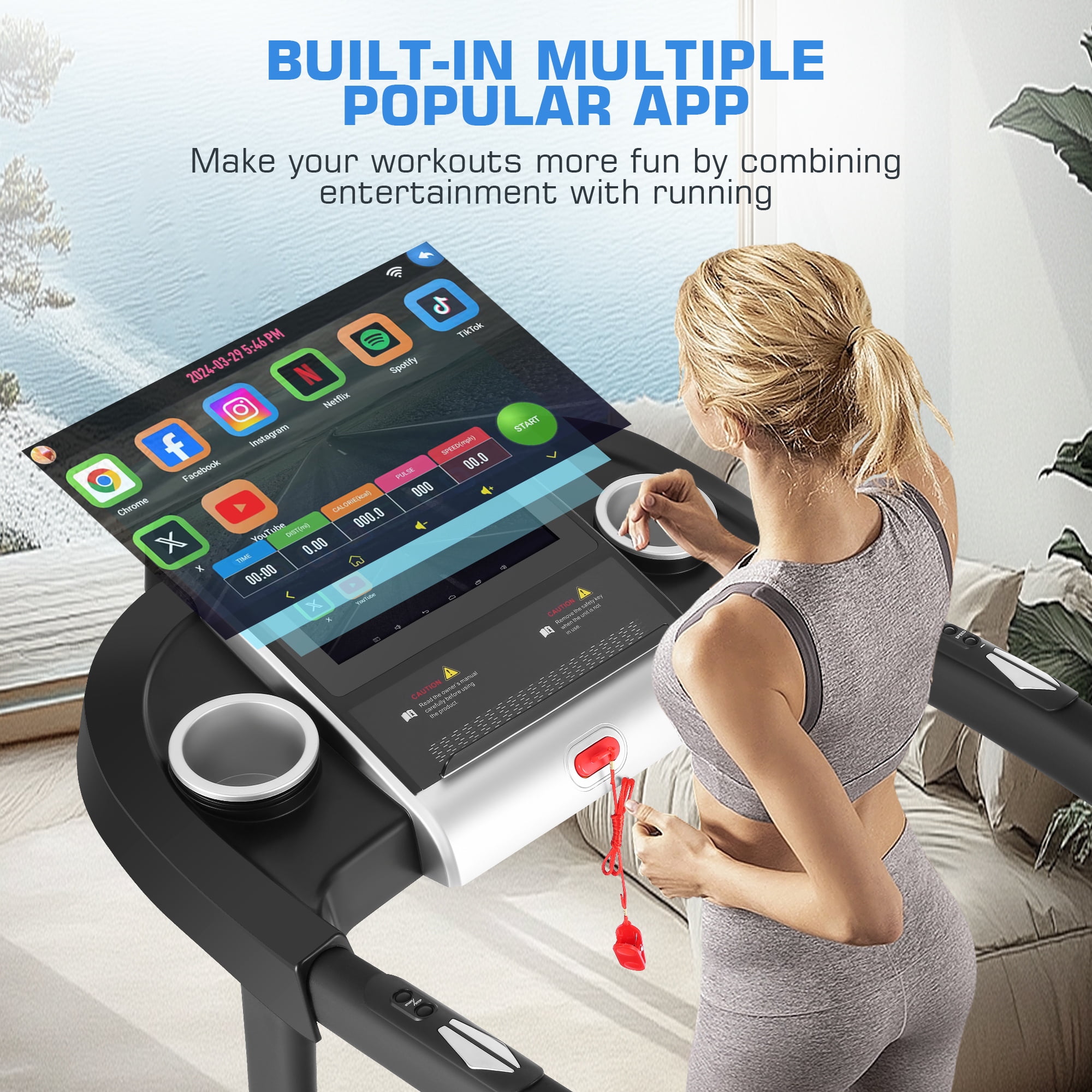 Simpfree Treadmill with 10" HD TV Movie Touchscreen and 3D Virtual Sports Scene, 0.5-9.0 mph/h & 3.5HP Electric Treadmill with Incline for Home（Black）