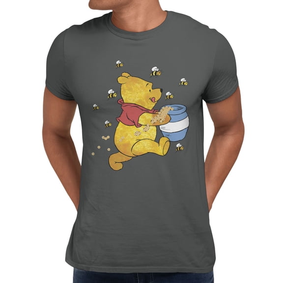 Disney Winnie The Pooh Honey Jar and Bees Graphic Men's T Shirt (Charcoal, S-XXXL)