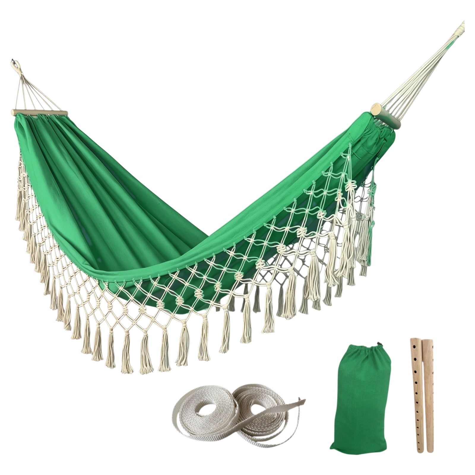 Double Camping Hammock, Anti Tip Fringe Tassel Canvas Bed, Heavy Duty Outdoor Swing, Portable Garden Hammock for Backyard Patio Porch Home Travel Use