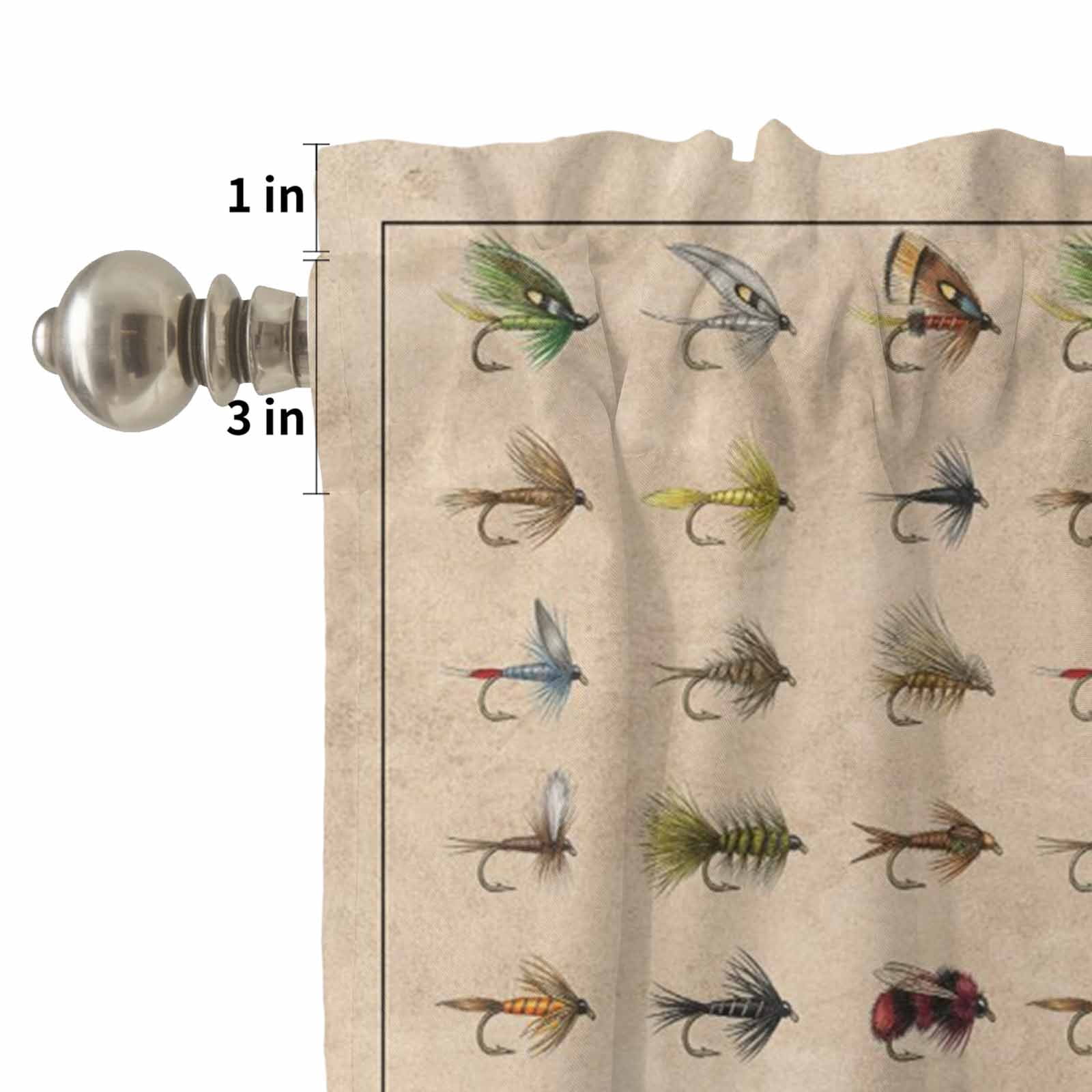 Fish Hook Curtain Valances Set Retro Colorful Fish Hook Biographies Linen Texture Kitchen Curtains 36&nbsp;inch Length Rod Pocket Valance and Tiers 3 Piece Set Small Bedroom Bathroom Laundry Decor