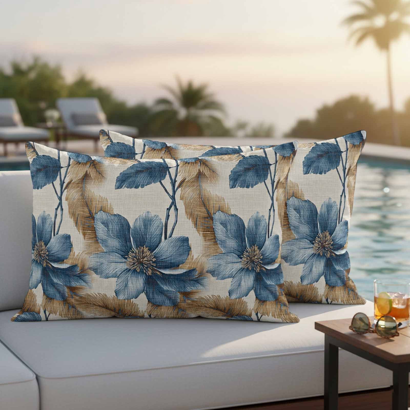 Blue Brown Botanical Outdoor Waterproof Pillow Covers, Flowers Vintage Summer Decorative Rectangle Throw Pillowcase Sofa Cushion Sham for Patio/Couch/Chair, 20"x12" 2 Pack