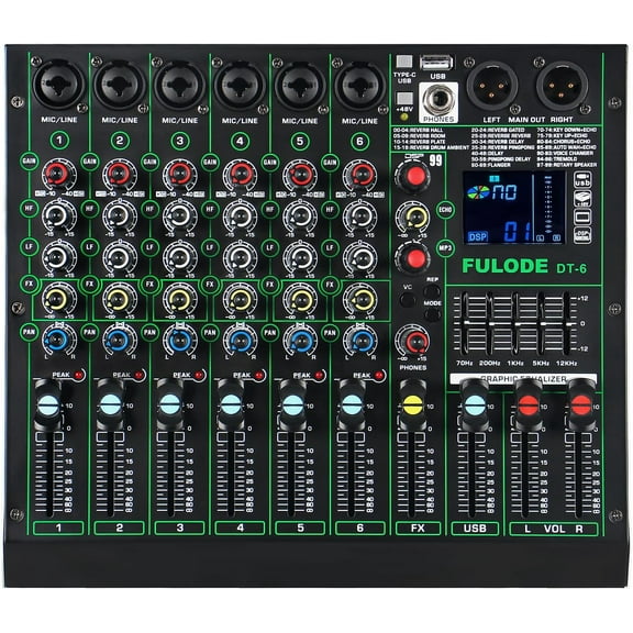 Professional DJ Audio Mixer,6 Channel Sound Mixing music Board With 99 DSP Effects,Console System PA Mixer with Bluetooth,w/USB,48V Phantom Power,Vocal Removal for Live Streaming Studio(DT-6)