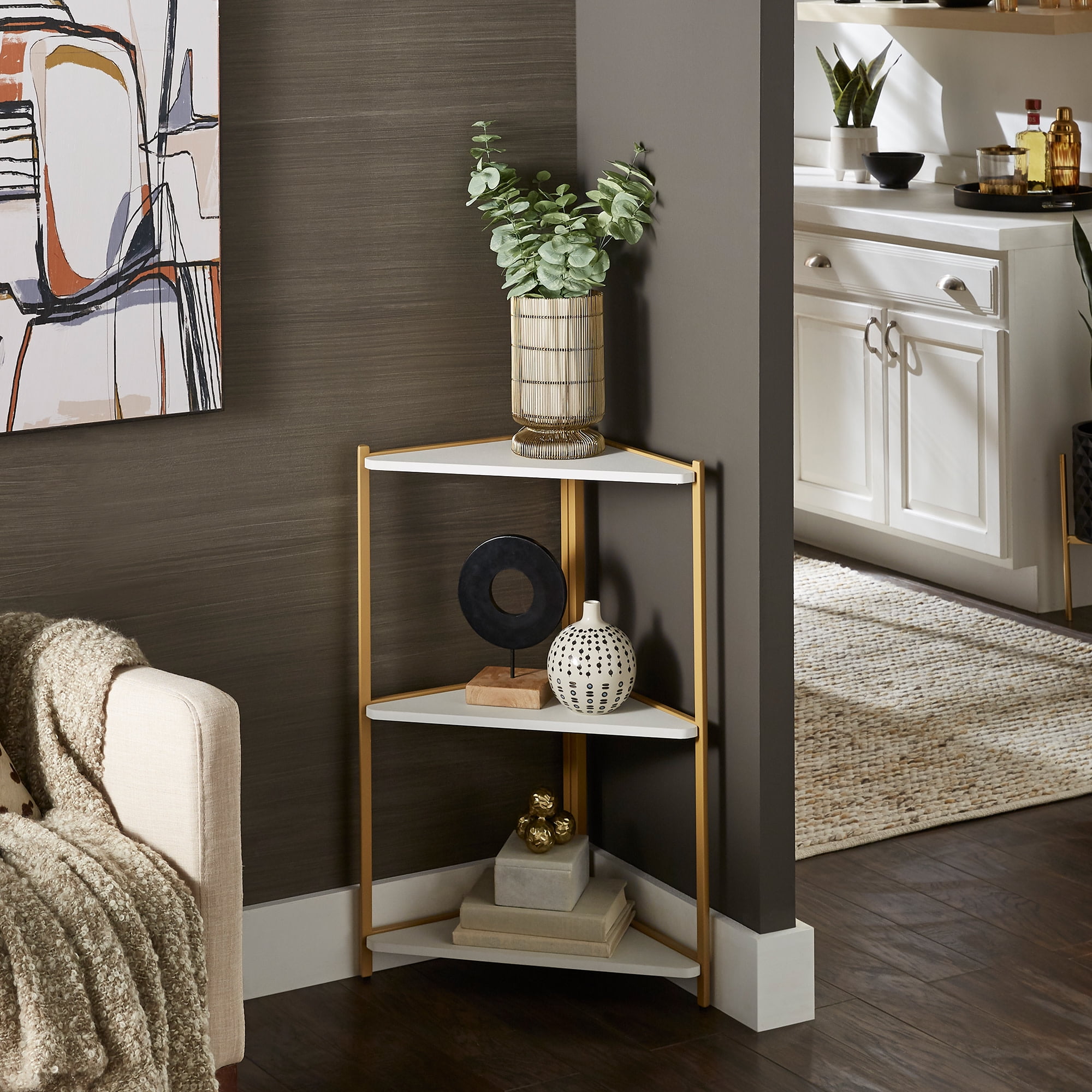Weston Home Yuri TwoTone Corner 2Shelf Bookcase, White/Gold