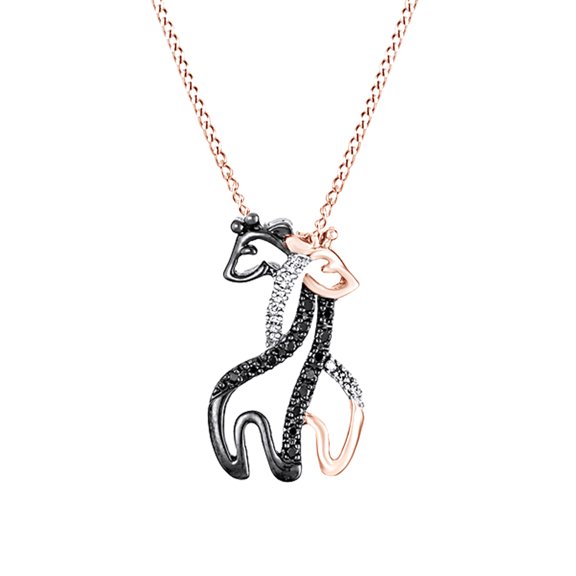 AFFY Black and White Natural Diamond Giraffe Pendant Necklace In 10k Rose Gold (0.09 Cttw)