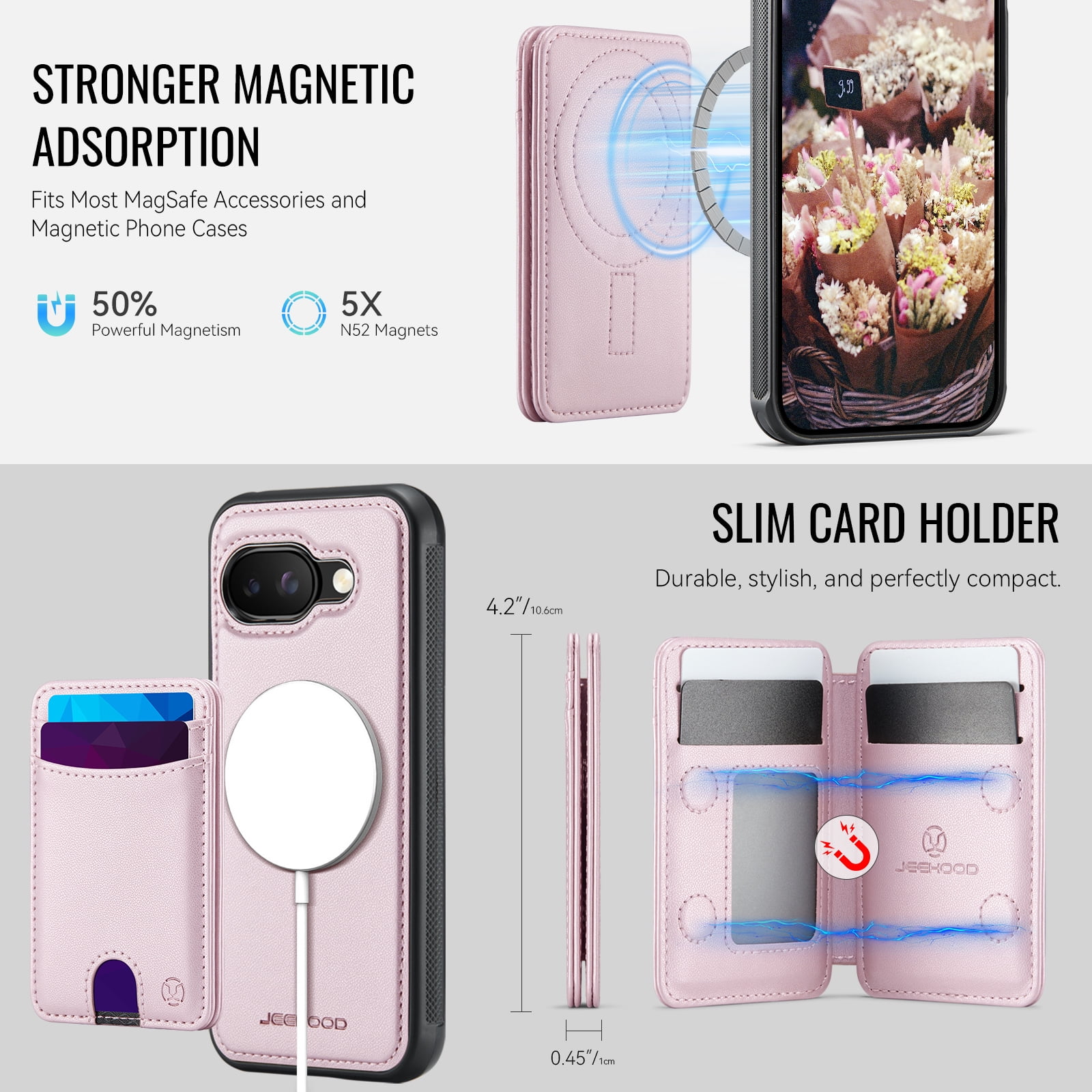 For Google Pixel 10A Phone Case,2-in-1 Magnetic Removable Flip Card Holder,Compatible With Mag-Safe,Anti-Scratch PU Leather,With Card Slots,Kickstand,Shockproof Durable Phone Case,Pink