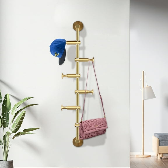 Wildnix Wall-Mounted Clothing Hanging Rack-Brass & Gold Plated Coat Rack with 6 Swivel Hooks, Space-Saving Organizer for Hats, Bags, and Towels