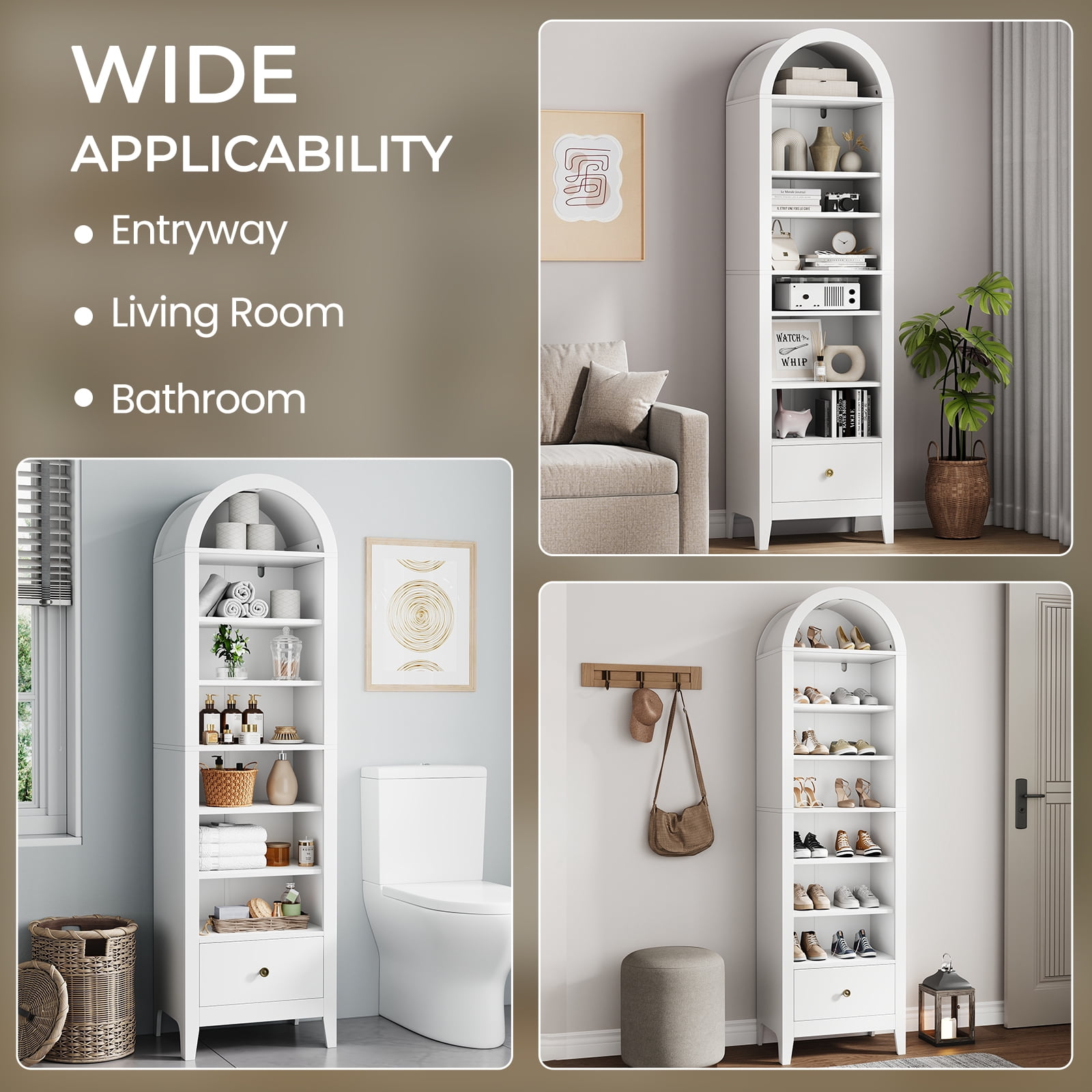 70" Arched Tall Kitchen Pantry Cabinet, 8-Tier Arched Storage Cabinet with Doors and Shelves, Shoe Cabinet for Entryway, Living Room, Hallway, White