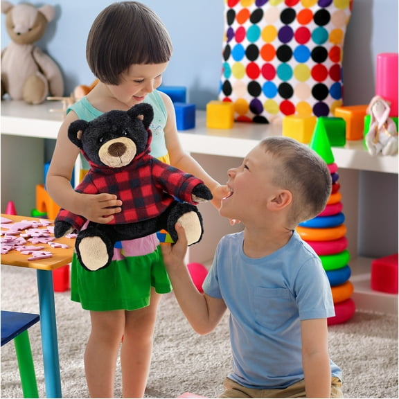 DolliBu Plush Black Bear with Red Plaid Hoodie - Soft Huggable Wild Life Black Bear, Adorable Playtime Zoo Black Bear Plush, Cute Wildlife Cuddle Gift Super Soft Plush Doll Toy For Kids and Adults