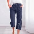 thumbnail image 2 of Women Summer Cotton Linen Cropped Pants Wide Leg Capris Tie Casual Elastic Waisted Palazzo Pant with Pockets (XL, Navy 01), 2 of 5