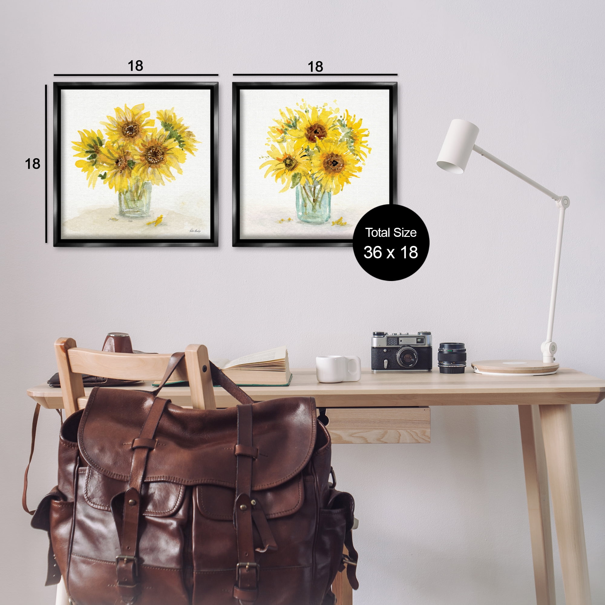 Stupell Industries Sunflower Bouquet Jar Plants & Flowers Painting Black Floater Framed Canvas Art Print Wall Art, 18 x 18, Set of 2
