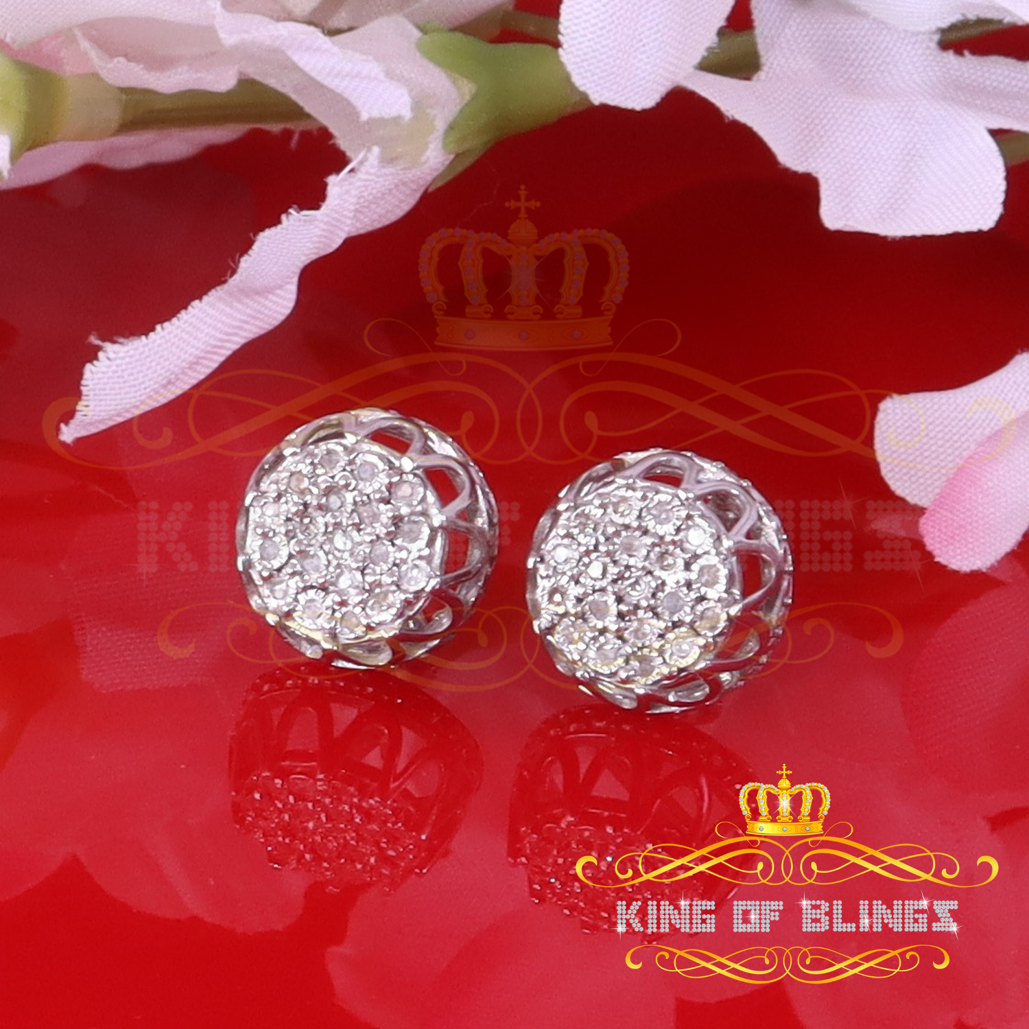 King of Bling's 0.07ct Diamond 925 Sterling White Silver for Men's & Womens Stud Round Earrings