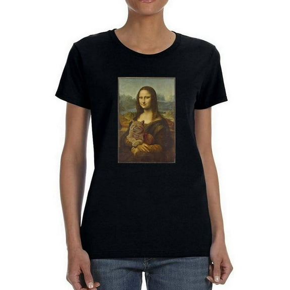 Smartprints Womens Graphic Tee Black - Mona Lisa With A Cat 100% Cotton Regular Fit