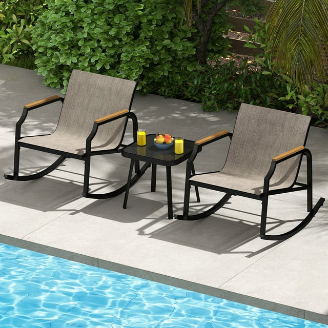 Costway Ensemble Bistro à Bascule 3 Pcs Ensemble de Conversation Extérieur avec Chaises Berçantes de Porche