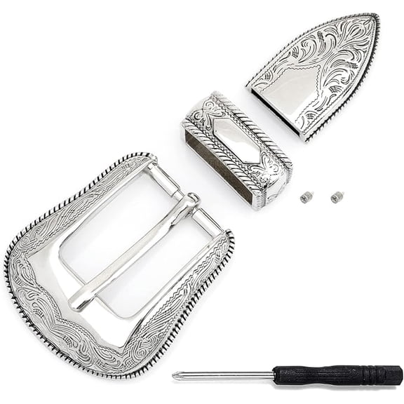 Belt Buckle Set – 3-Piece Engraved Metal Floral Design Belt Buckle Set HRBK CY78 (Silver w/Black Line, 1 Inch (25mm))