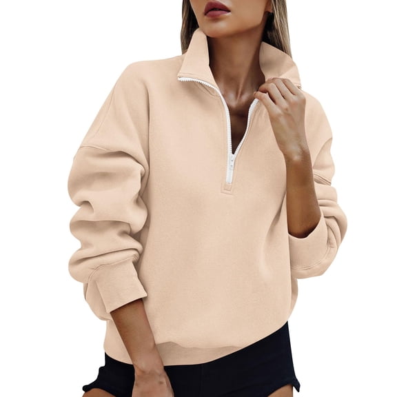 Half Zip Sweatshirt Womens Casual Long Sleeve Fleece Lined Pullover Oversized Quarter Zip Cozy Sweat Shirt with Pockets