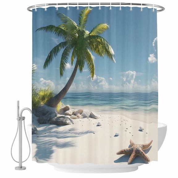 Palm Tree Beach Ocean Fabric Shower Curtain Sky Starfish Shell Washable Shower Curtains for Bathroom, Waterproof Bath Curtain with Hooks Home Decor 72x72in