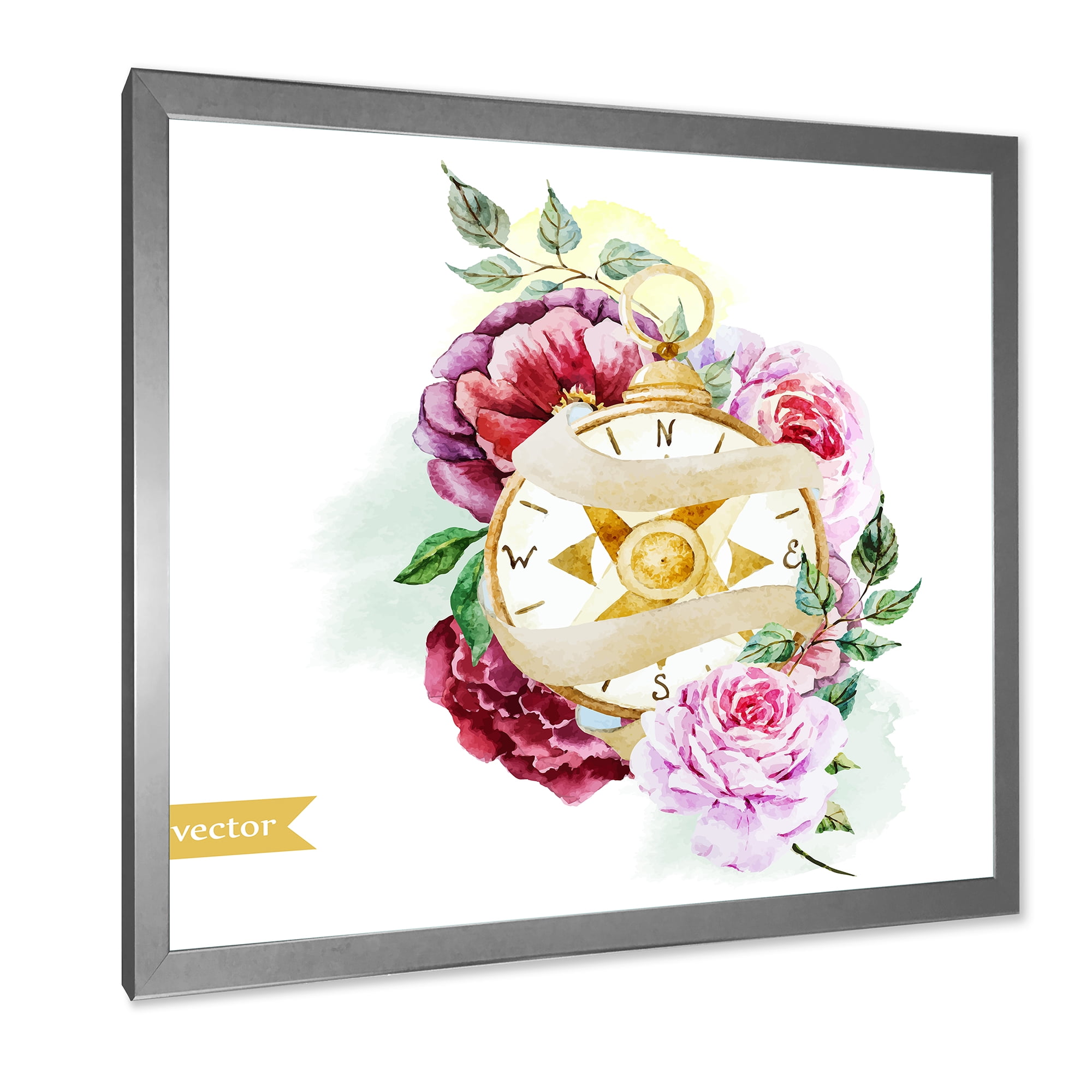 Designart 'Compass Among Flowers' Traditional Framed Art Print
