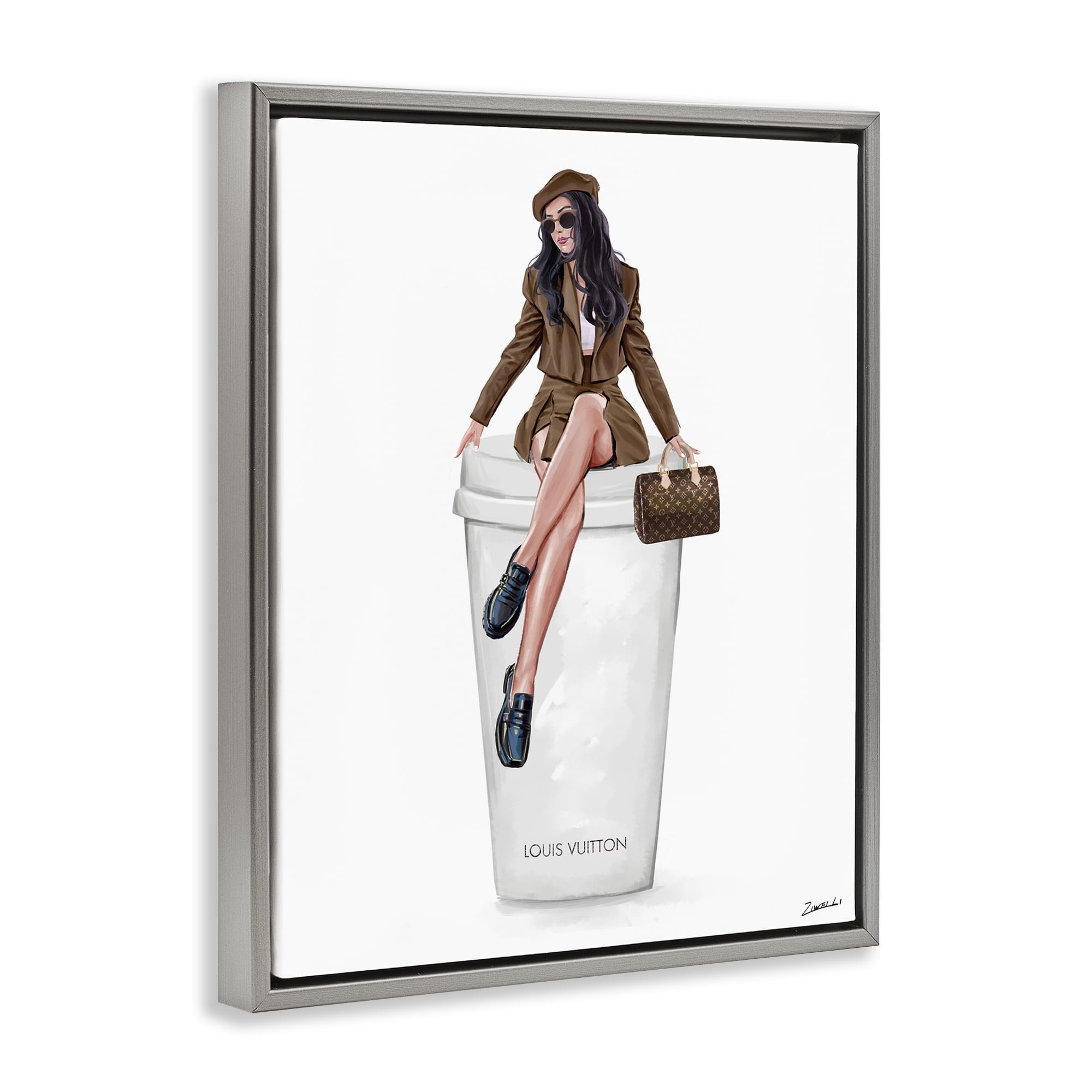 Stupell Industries Lovely Lady on Coffee Cup People Painting Gray Floater Framed Canvas Art Print Wall Art, 17 x 21
