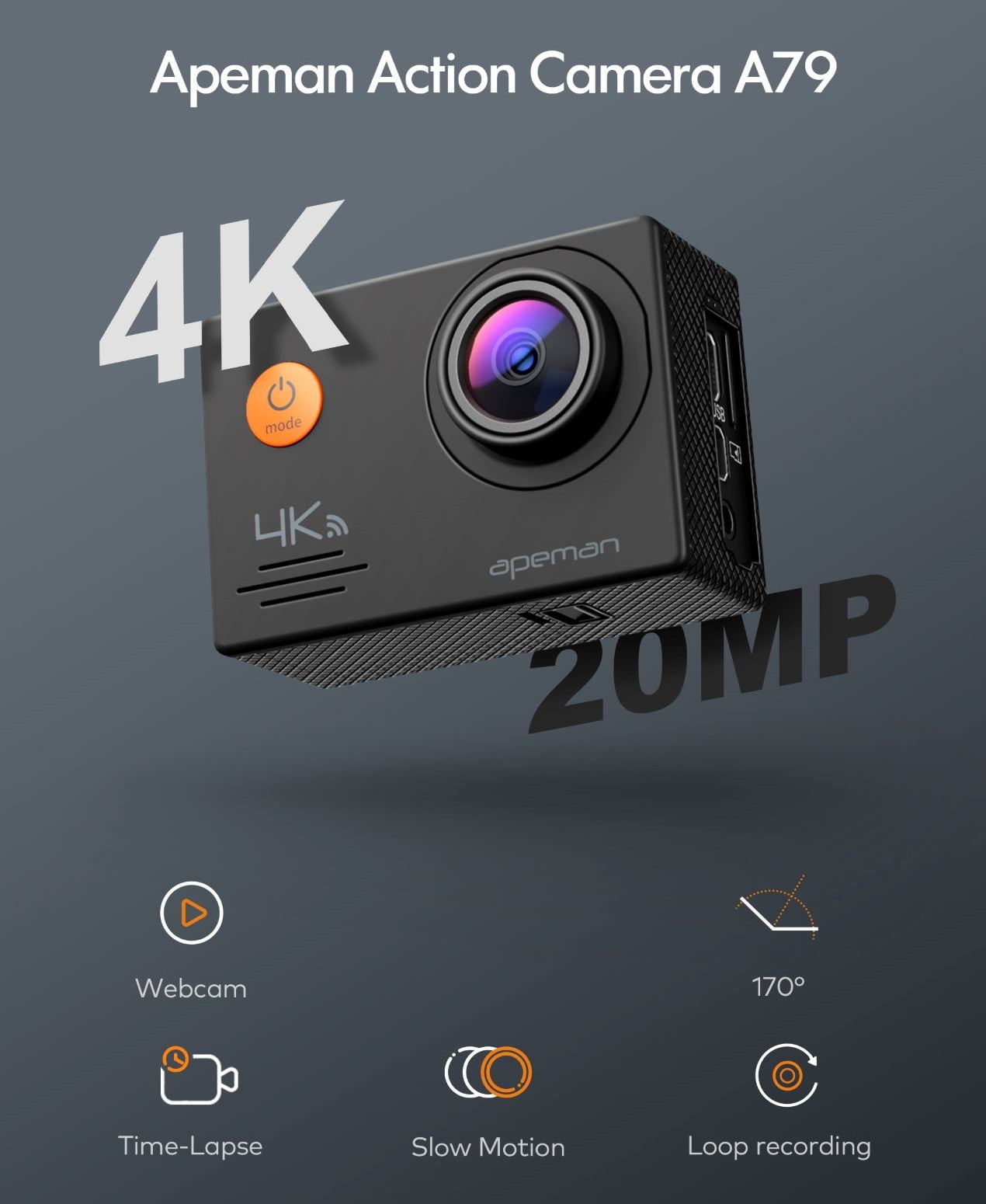 Caméra Sport Action - APEMAN - 4K WiFi 20MP - Caméra sous-Marine