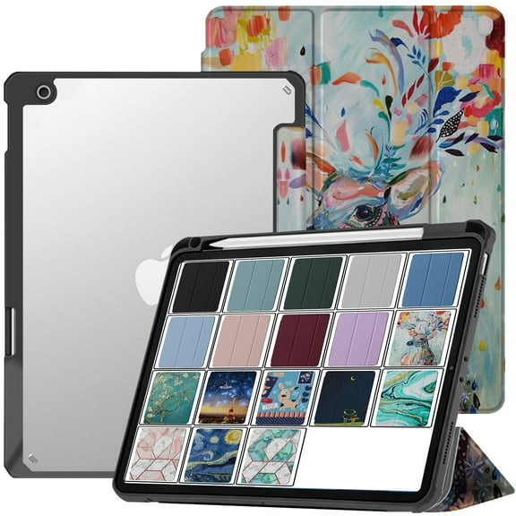 iPad 10.2 Inch 9 8 7 2021 2020 2019 [iPad 9th / 8th / 7th Gen ] A2197 A2270 A2602 Shock Absorbing Design with Soft Edges & Dual Angle Stand Pencil Holder Cover - Deer Print