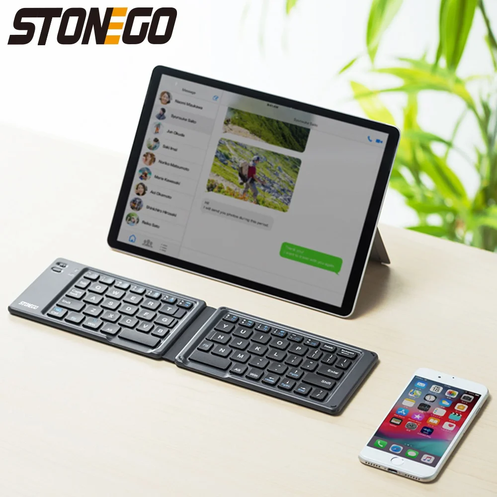 STONEGO Foldable Bluetooth Keyboard - Portable Wireless Rechargeable Ultra-thin Quiet Keyboard with Compact Folding Design and Built-in Battery, Universal for Tablets, Smartphones, Laptops