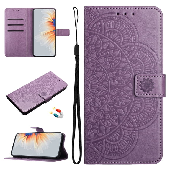 for Samsung Galaxy S25 Phone Case Wallet, Flip Folio Cover with Credit Card Holders Emboss Mandala Flower PU Leather Purse Wrist Strap Kickstand Protection Case for Women Men - Purple