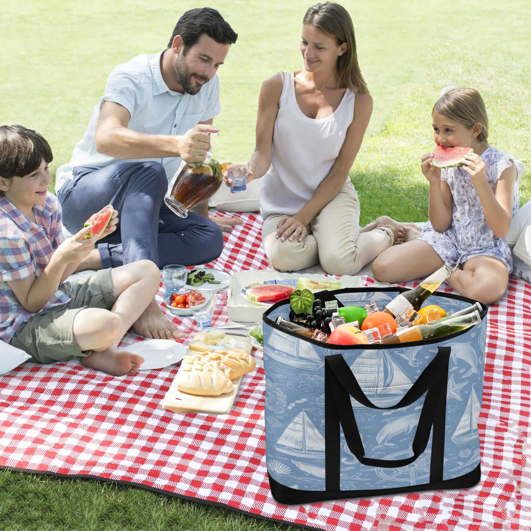 Extra-Large Wide Opening Design Capacity Hand-Held Ice Pack Thickened Insulation Layer For Long-Lasting Cold Retention For Outdoor Shopping Picnics And Camping Blue Nautical Style Pattern