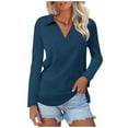 thumbnail image 2 of Yuhangmm Womens T Shirts, Women's Solid Color Long Sleeve Lapel V Neck Solid Color Top T Shirt 2 Long Sleeve Tee Shirt Navy M, 2 of 4