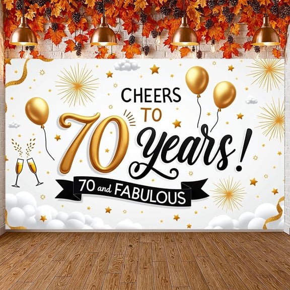 Gold Balloons 70th Birthday Banner Golden Fireworks Cheers to 70 Years Display Star Pattern Black Text 70 and Fabulous Backdrop for 70th Birthday Party Anniversary Celebration Milestone Party