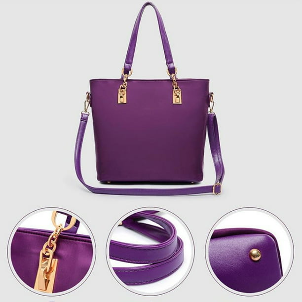 Trayknick 6Pcs Set Lady Solid Color Faux Leather Shoulder Bag Handbag Clutch Wallet Purse Purple