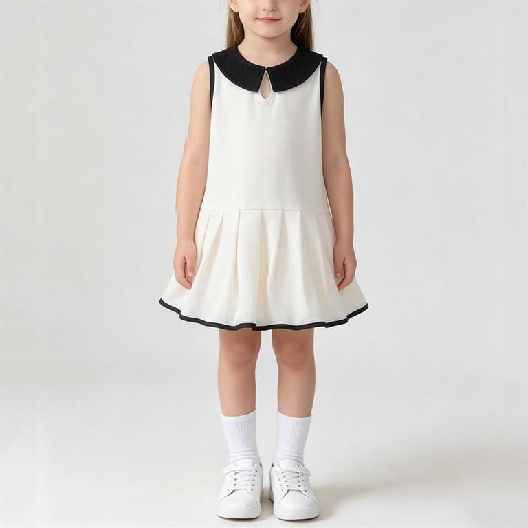 skater dress with peter pan collar Bxsruta Girls Sleeveless Peter Pan Collar Pleated Skater Dress Breathable Cotton Blend Casual Daily Outfit for Preschool Little Girls All Season