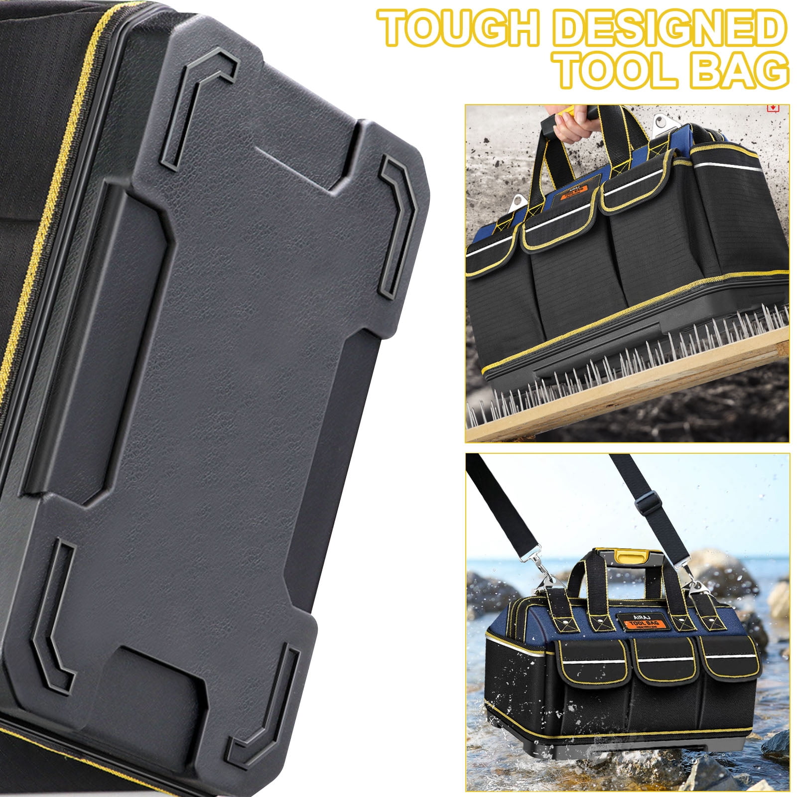 2BK 17-inch Tool Bag Tool Organizer Rubber with Base Waterproof Double Strap Carry Handle,Black