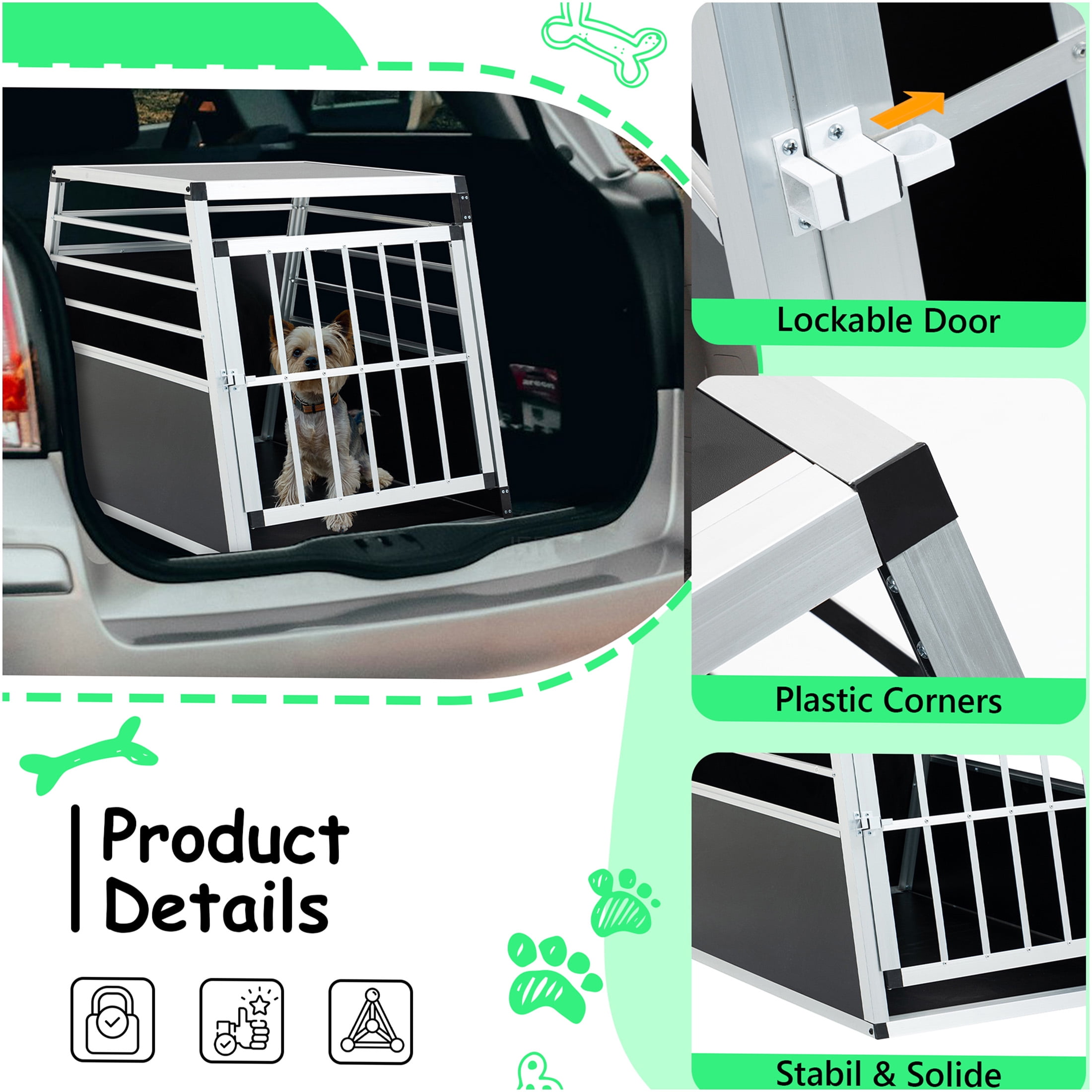 JERFIT Large 36" Aluminum Dog Crate for Travel, Heavy Duty Metal Pet Kennel Carrier with Lockable Door & Ventilation, Black/Silver