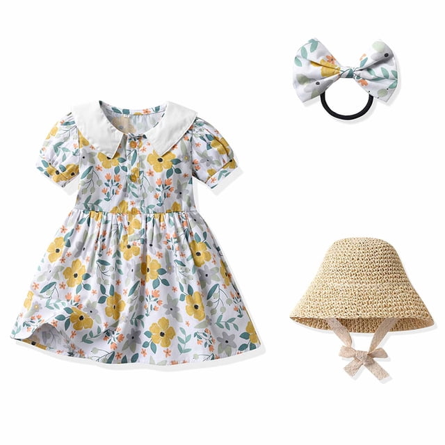 LSLJS Robe d'Été à Bretelles pour Tout-Petit Fille, Imprimé Floral, avec Chapeau et Épingle à Cheveux, Robes pour Filles ( Blanc, 2-3 Ans )
