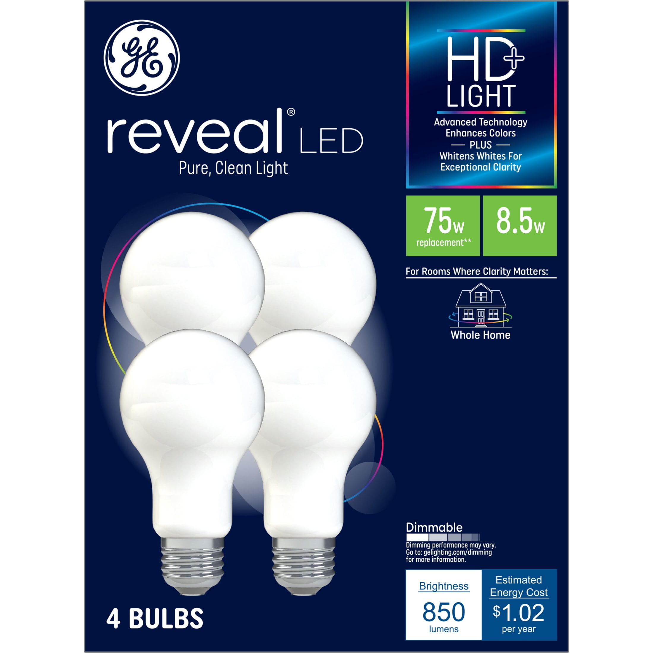 (2 pack) GE Reveal HD+ LED Light Bulbs, 75 Watt, A19 Bulbs, Medium Base, Frosted Finish, 4pk