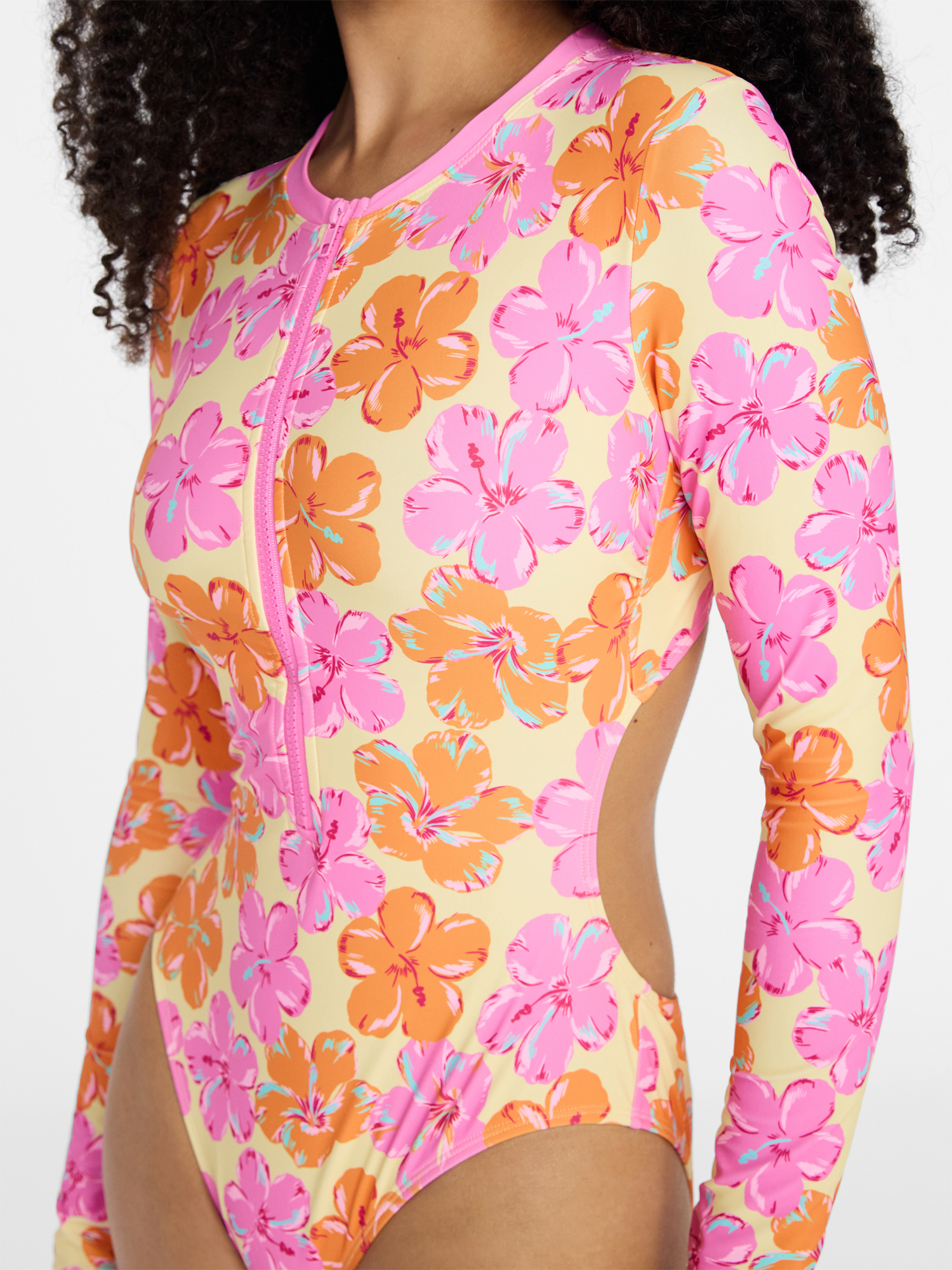 No Boundaries Hilo Hibiscus Cutout One-Piece Swimsuit with Long Sleeves, Women's XXS-XXL