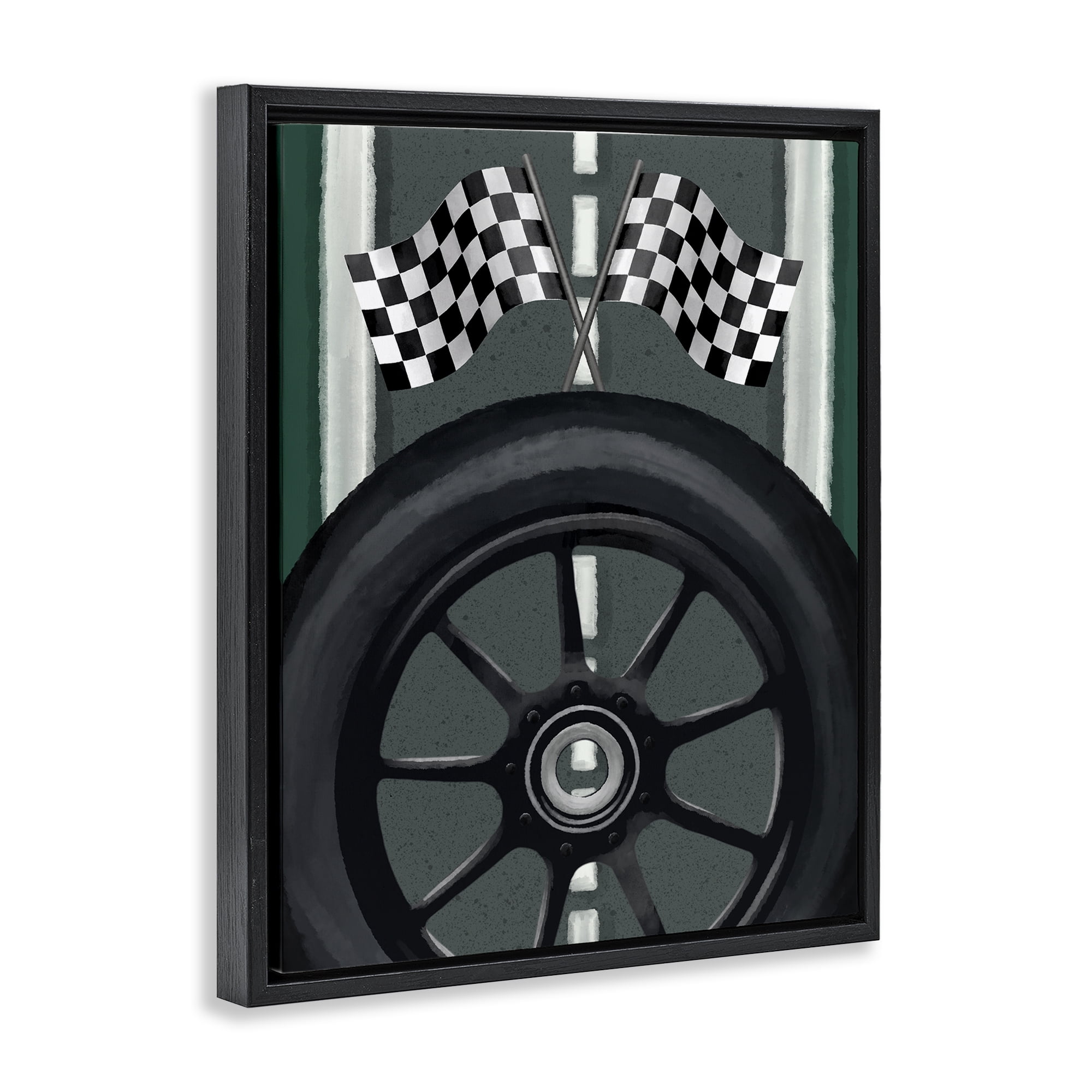 Stupell Industries Racetrack Flags & Tire Black Framed Floater Canvas Wall Art, design by Jennifer Stith