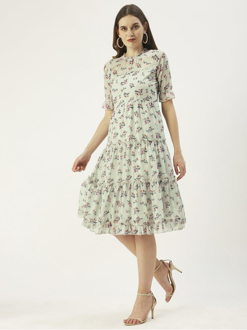 Dressberry Womens Printed Poly Georgette Round Ruffled Neck 3/4th Sleeves Knee length Tiered Hem Light Weighted Casual Summerwear Beachwear Partywear