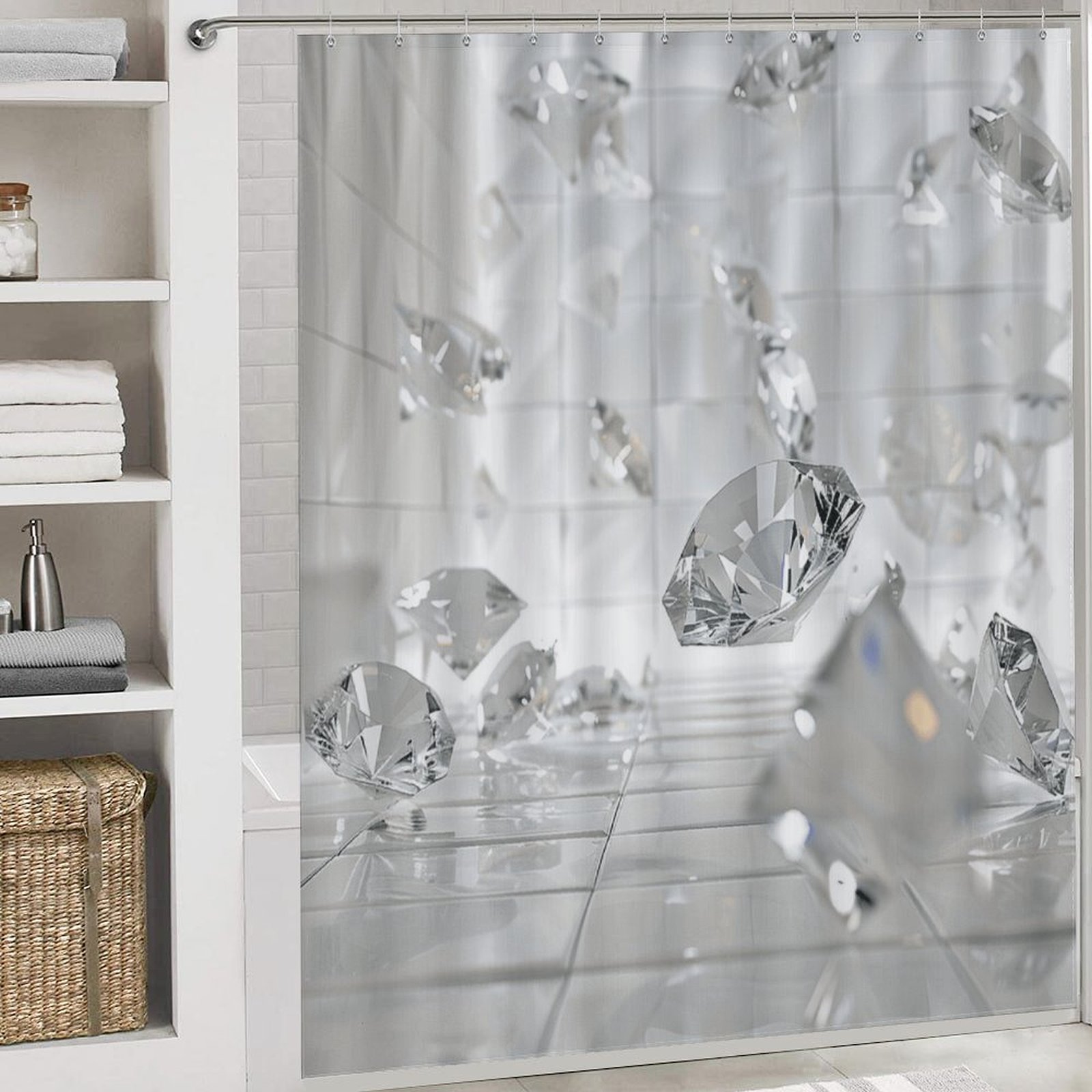 Clear Diamonds 4 Pcs Bathroom Shower Curtain Set, Bathroom Sets with Rugs (Bath Mat, U Shape and Toilet Lid Cover Mat) and 12 Hooks,