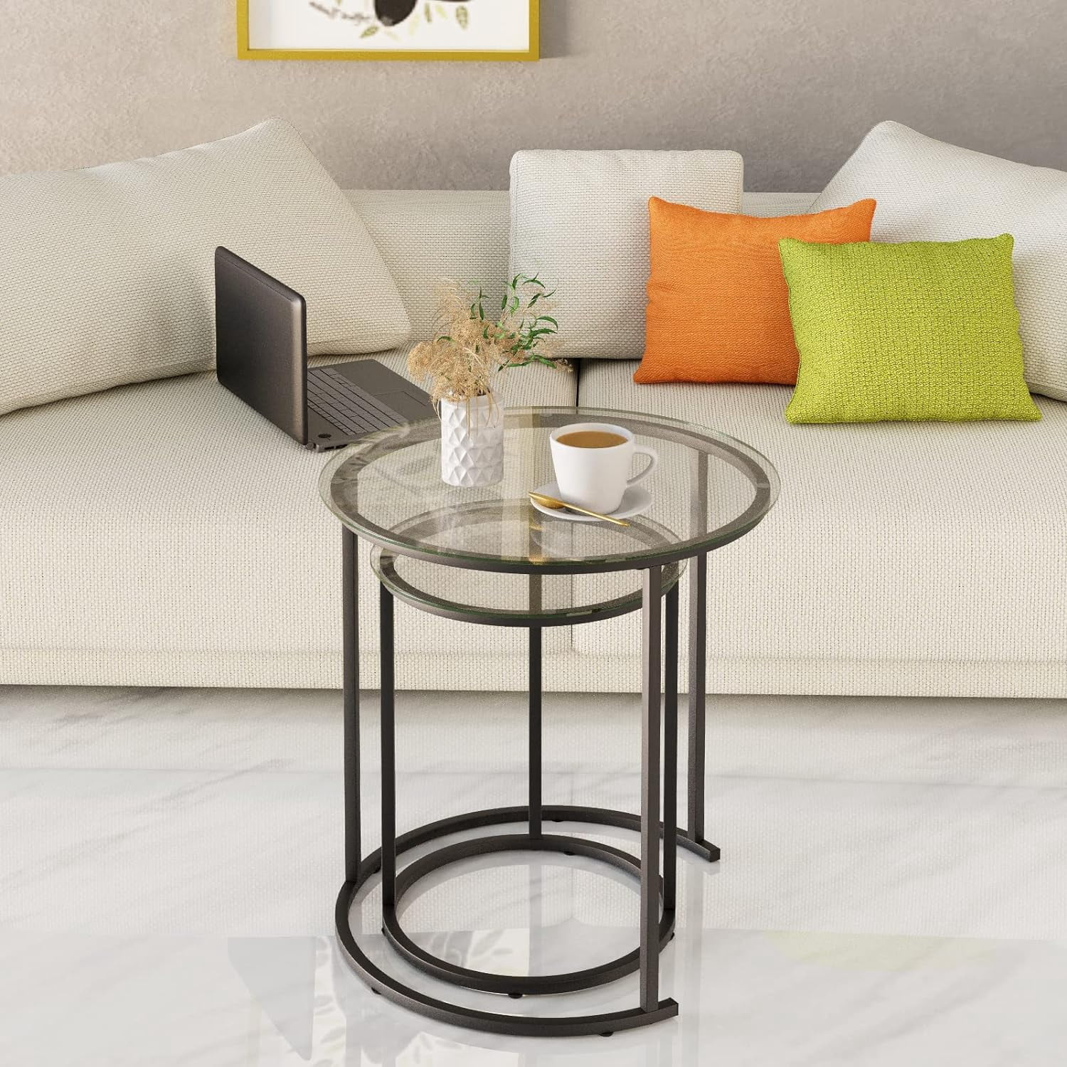 Nesting Coffee Table Set of 2,Modern Black Tempered Glass Side Table, Metal Frame Round End Table.Small Glass Tea Table for Living Room,Bedroom Studio Apartment Essentials,23.2In