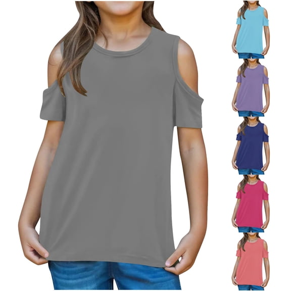 jobturf Short Sleeve Shirts for Girls Trendy Y2k Cold Shoulder Tops Breathable Basic Tees Beach Vacation Summer Blouses Size 3-12 Years