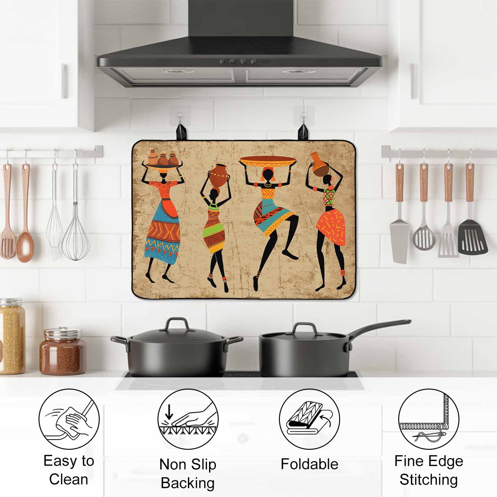 Brown Boho Stove Top Cover for Electric Stove, Heat-proof & Non Slip Glass Top Stove Cover Protector, Farmhouse Vintage Ethnic African Women Kitchen Flat Cooktop Rubber Mat 24x21 Inches