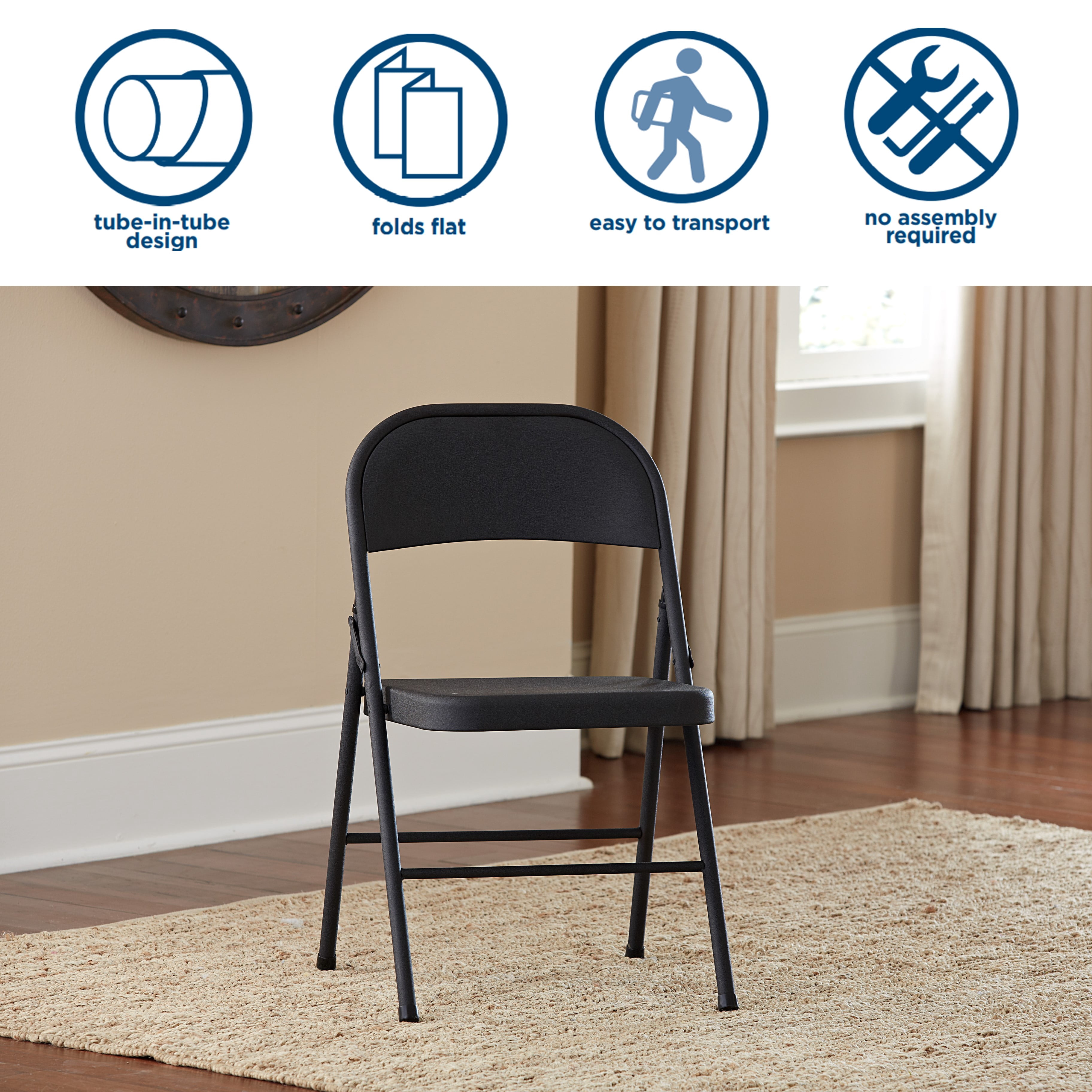 (6 pack) Mainstays All-Steel Metal Folding Chair, Black, 1 Chair