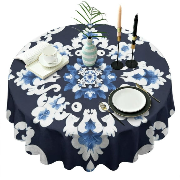 Blue and White Pioneer Flower Round Tablecloth 60" X 60",Wrinkle Wipeable Table Cloth for Kitchen Dining Room Picnic Patio Party