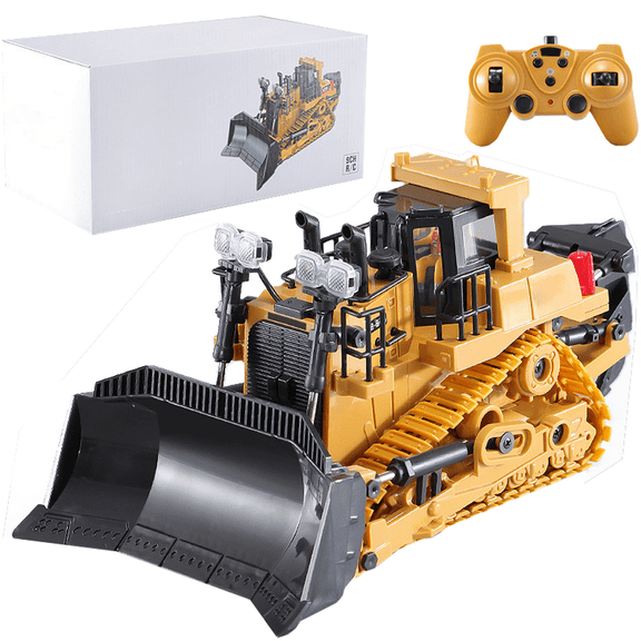 Monebena 9 Channel Remote Control Bulldozer with Box Bulldozer Truck Toys 1/24 Scale Construction Vehicles with Shovel for Kids Boys Age 4-7 8 9 10 Year Old Yellow Large